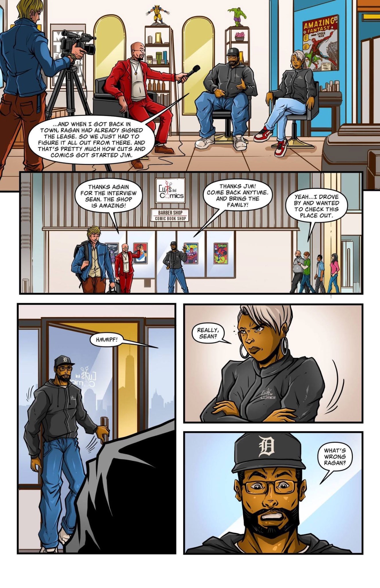 Customers gather inside the shop, excited by the cuts-and-comics concept