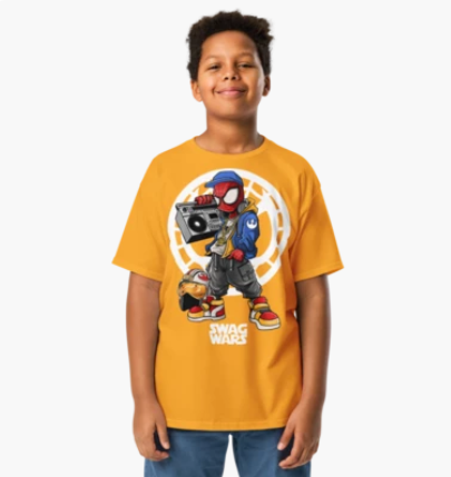 Kid wearing the gold Spidey Tee Jr.